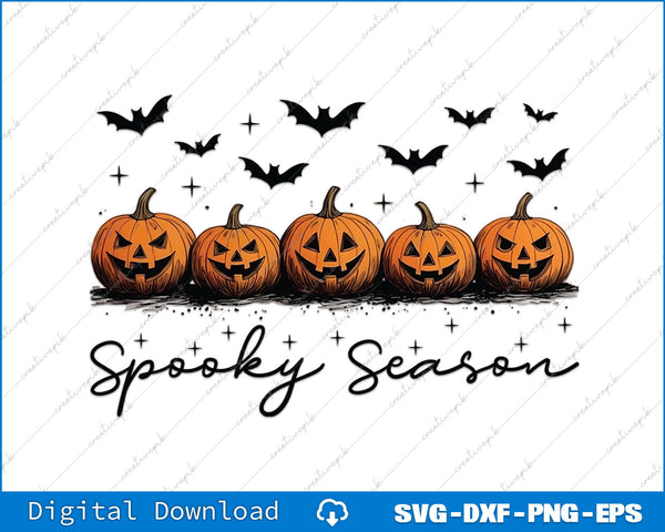 Halloween-themed design with pumpkins, bats, and 'Spooky Season' text on a white background.
