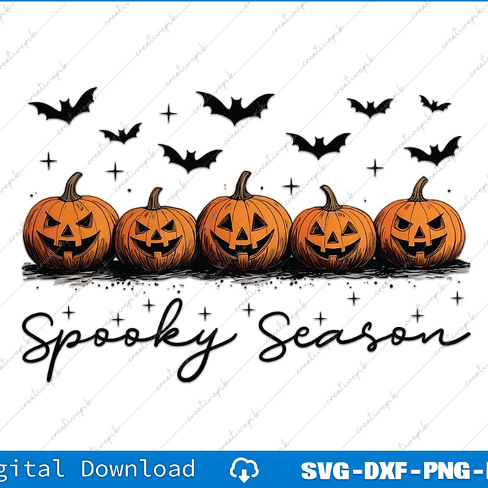 Halloween-themed design with pumpkins, bats, and 'Spooky Season' text on a white background.