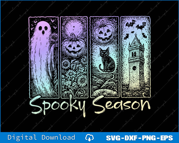 Halloween-themed design with ghost, pumpkin, cat, and clock tower on a black background.