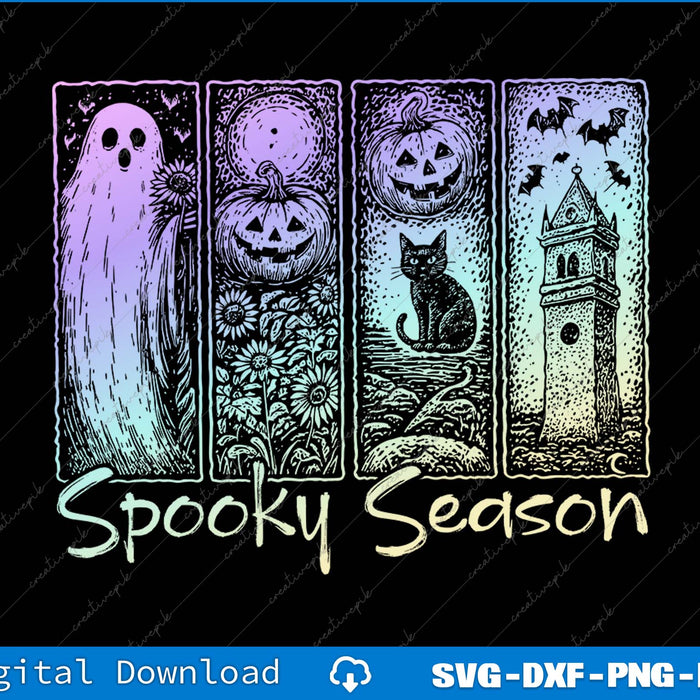 Halloween-themed design with ghost, pumpkin, cat, and clock tower on a black background.