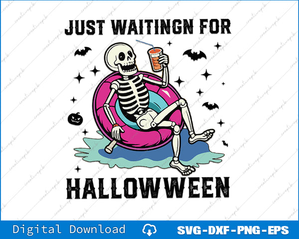 Skeleton on a pink inner tube with text 'Just Waiting for Halloween' on a white background.