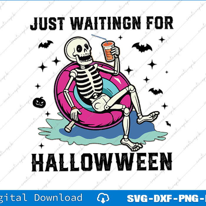 Skeleton on a pink inner tube with text 'Just Waiting for Halloween' on a white background.