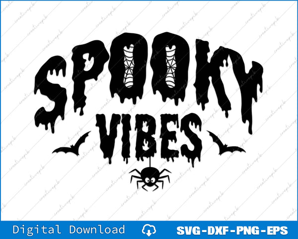 Halloween-themed design with 'Spooky Vibes' text and spider, bats, and skeleton hand on a white background.