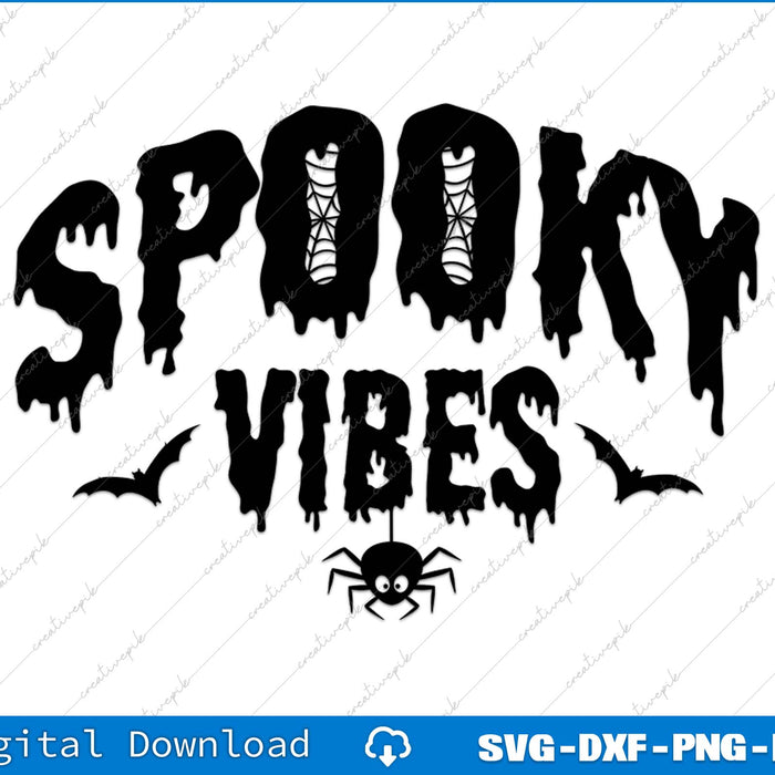 Halloween-themed design with 'Spooky Vibes' text and spider, bats, and skeleton hand on a white background.