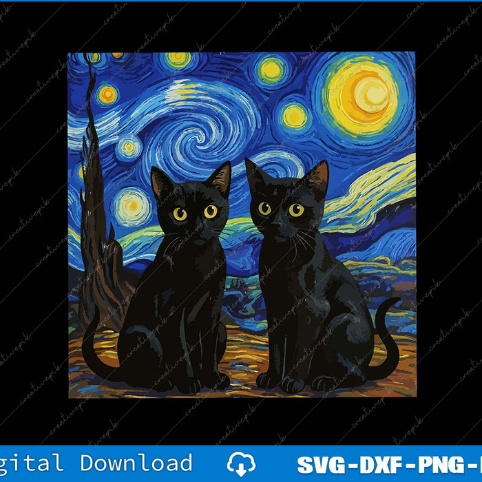 Two black cats in front of a stylized 'Starry Night' painting.