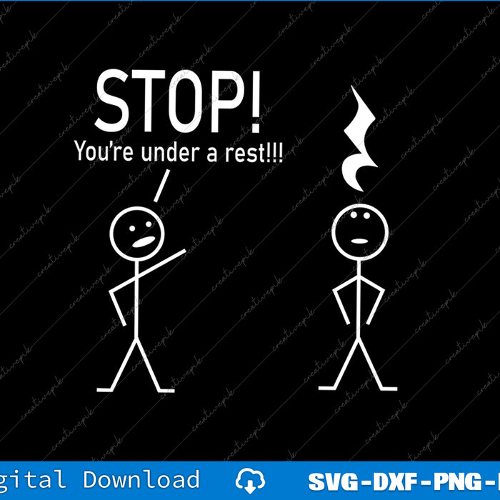 Cartoon stick figures with text 'STOP! You're under a rest!!!' on a black background.