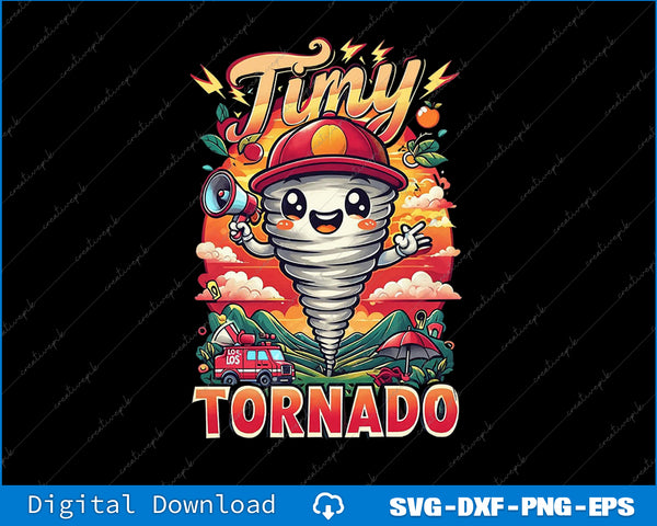 Cartoon tornado character with a helmet and megaphone against a colorful background, with 'Timy Tornado' text.