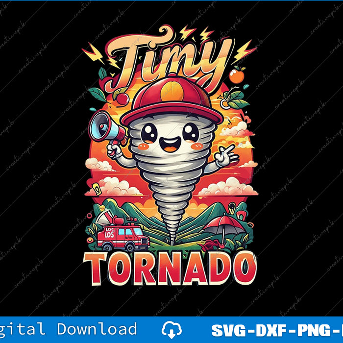 Cartoon tornado character with a helmet and megaphone against a colorful background, with 'Timy Tornado' text.