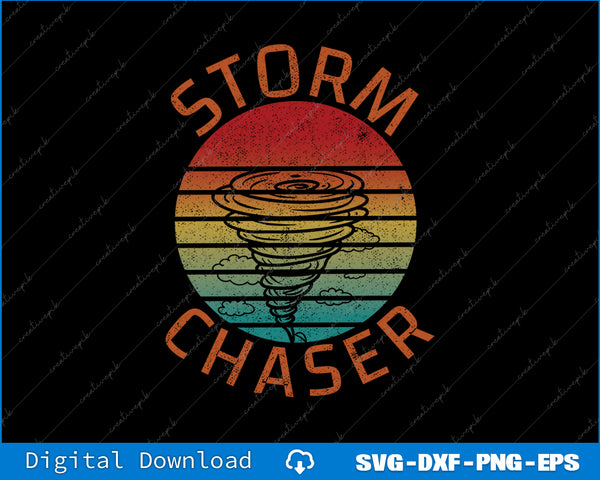 Vintage-style 'Storm Chaser' design with a tornado graphic on a black background.