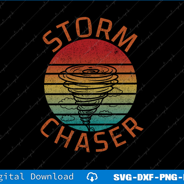 Vintage-style 'Storm Chaser' design with a tornado graphic on a black background.