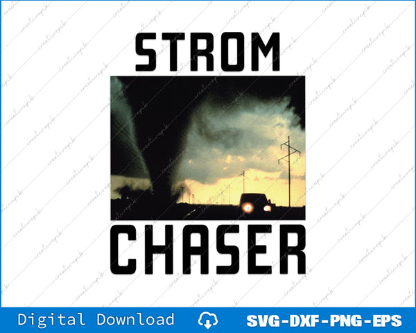 Strom Chaser graphic with a silhouette of a car and storm clouds on a white background.
