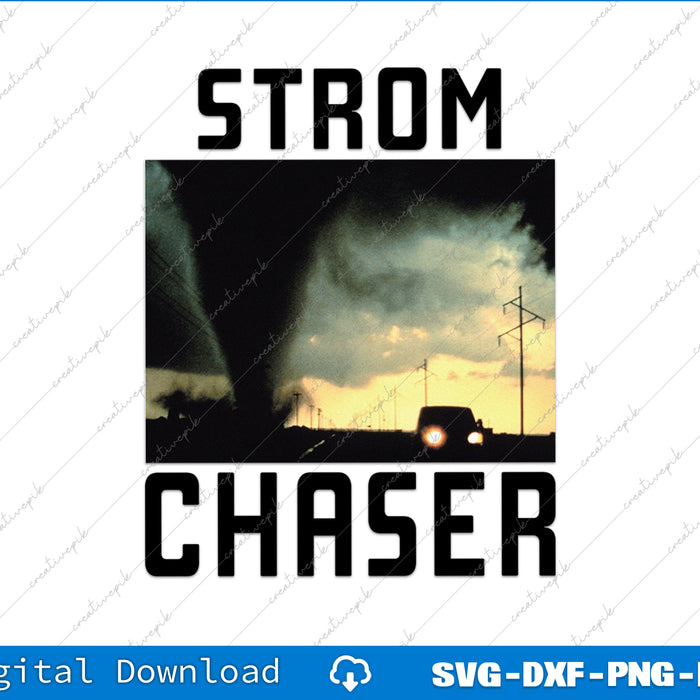Strom Chaser graphic with a silhouette of a car and storm clouds on a white background.