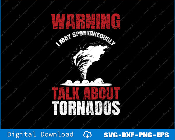 Warning graphic with tornado illustration and text on a black background