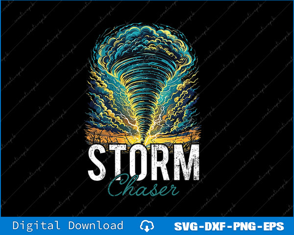 Design of a storm cloud with 'Storm Chaser' text on a black background