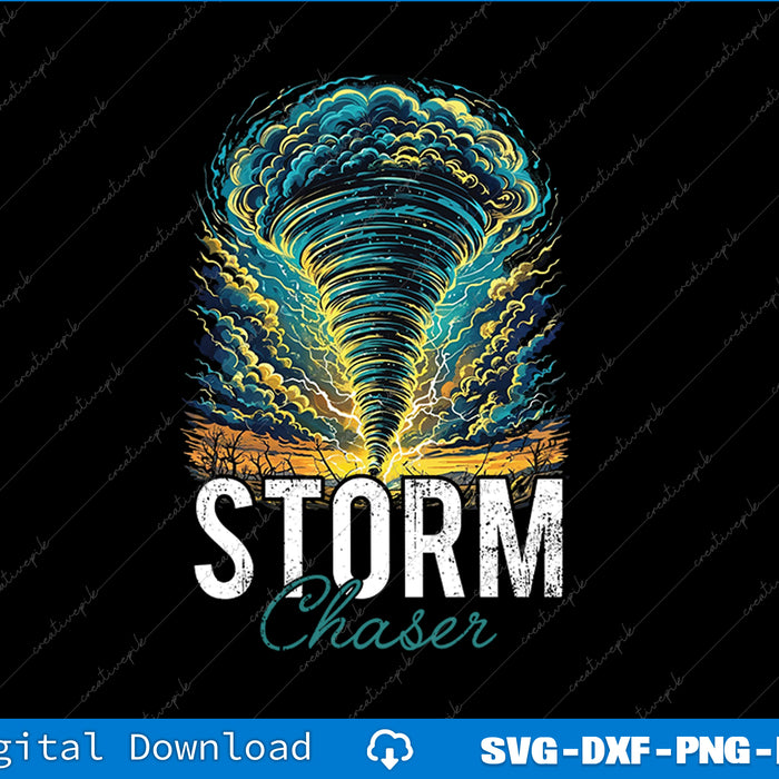 Design of a storm cloud with 'Storm Chaser' text on a black background