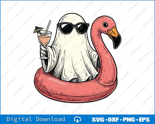 Ghost in a pink flamingo pool float holding a cocktail, with sunglasses on, on a white background.