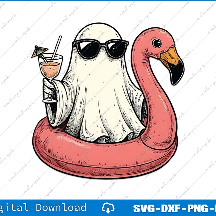 Ghost in a pink flamingo pool float holding a cocktail, with sunglasses on, on a white background.