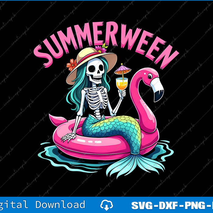 Skeleton mermaid on a pink flamingo float with 'Summerween' text on a black background