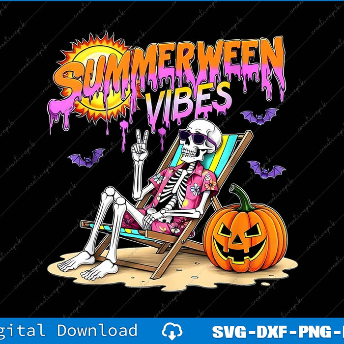 Skeleton lounging on a beach chair with 'Summerween Vibes' text and pumpkin, on a black background.