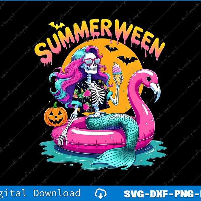Skeleton mermaid on a pink flamingo pool float with 'Summerween' text and Halloween elements.
