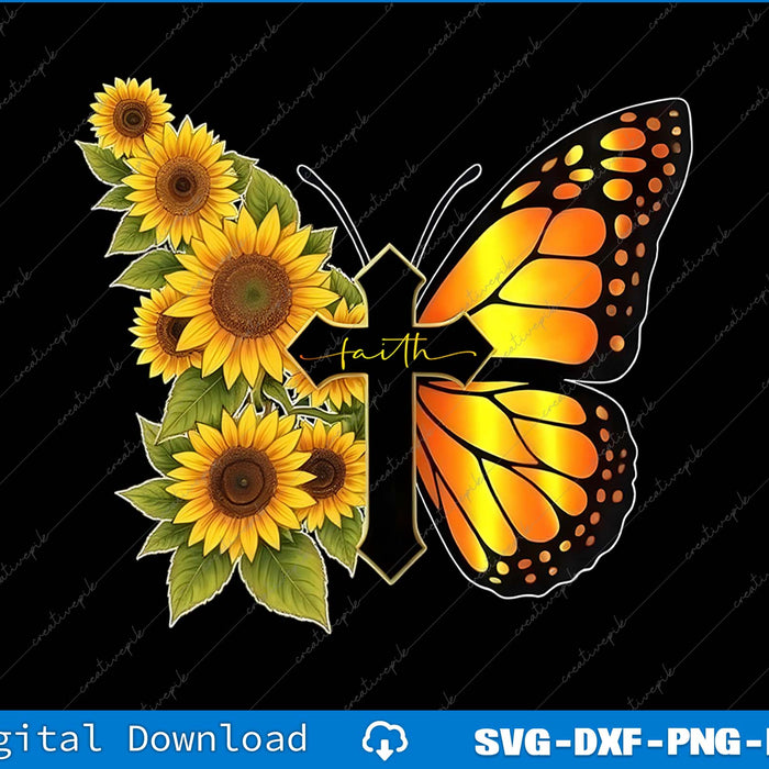 Butterfly and sunflowers with 'faith' text on a black background