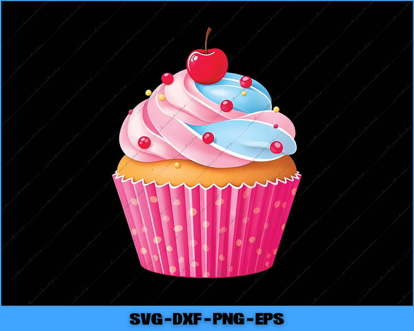 Colorful cupcake with pink and blue frosting and a cherry on top against a black background.