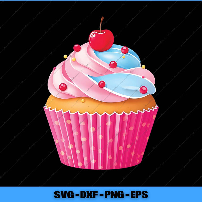 Colorful cupcake with pink and blue frosting and a cherry on top against a black background.