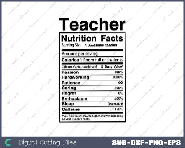 Teacher Nutrition Facts SVG PNG Cutting Printable Files