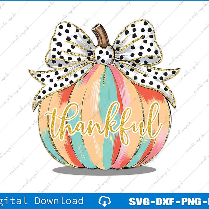 Colorful pumpkin with a polka dot bow and 'thankful' text on a white background