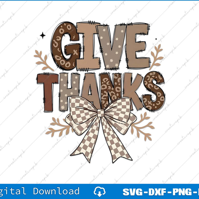 Decorative 'Give Thanks' text with a bow on a white background