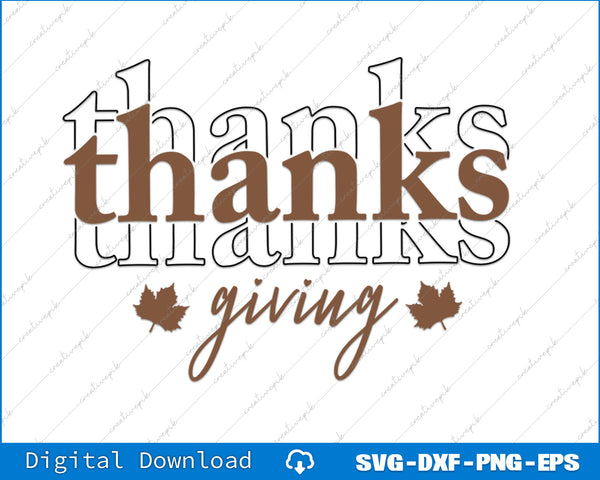 Text 'thanks giving' with leaf graphics on a white background