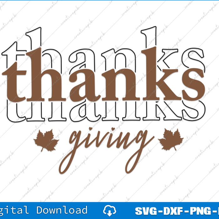 Text 'thanks giving' with leaf graphics on a white background