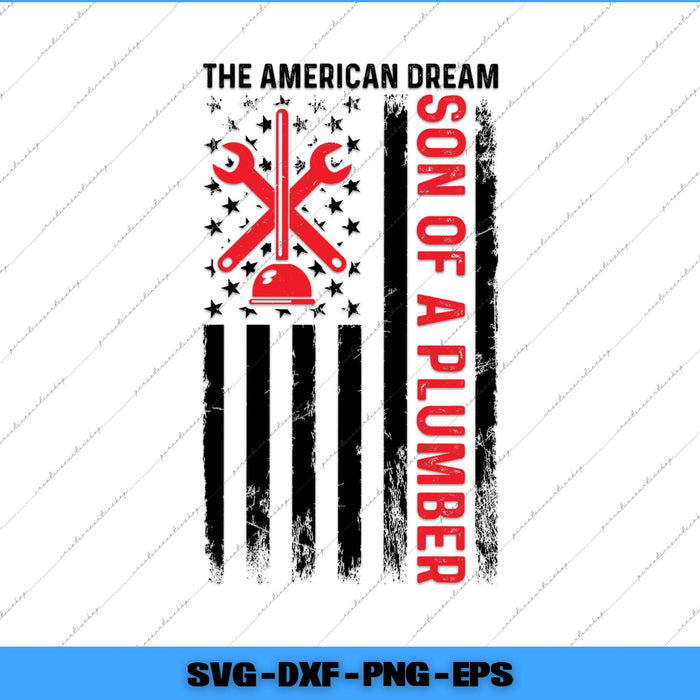 American flag design with 'Son of a Plumber' text and tools on a white background.