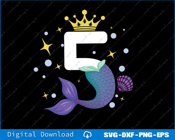 Number '5' with a mermaid tail and crown on a black background