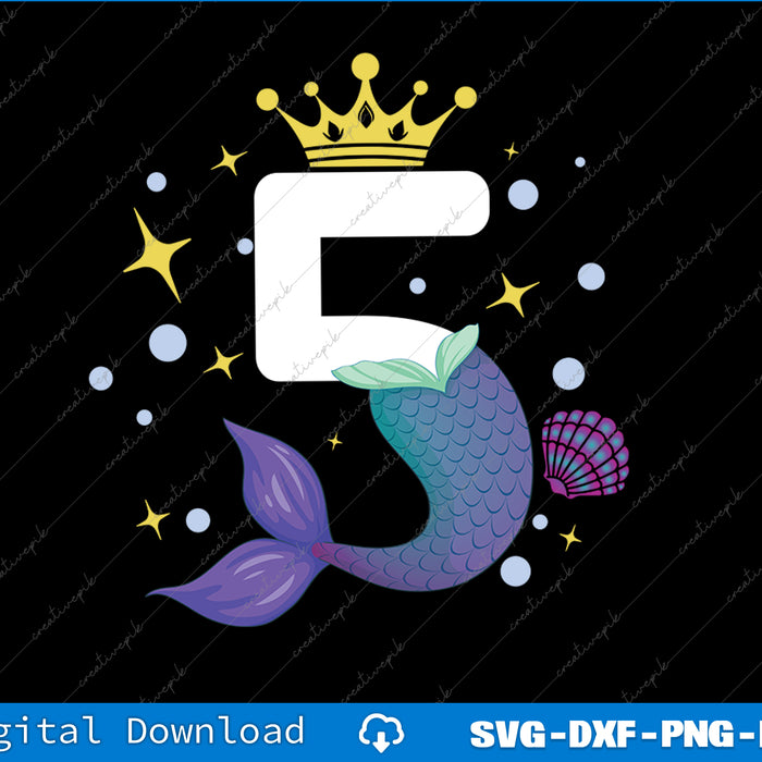 Number '5' with a mermaid tail and crown on a black background