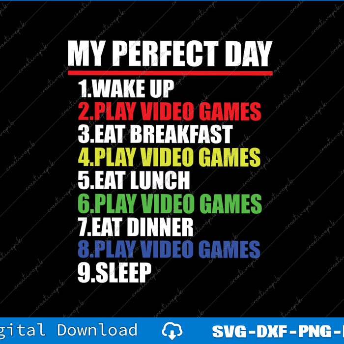 List of activities for 'My Perfect Day' with colorful text on a black background.