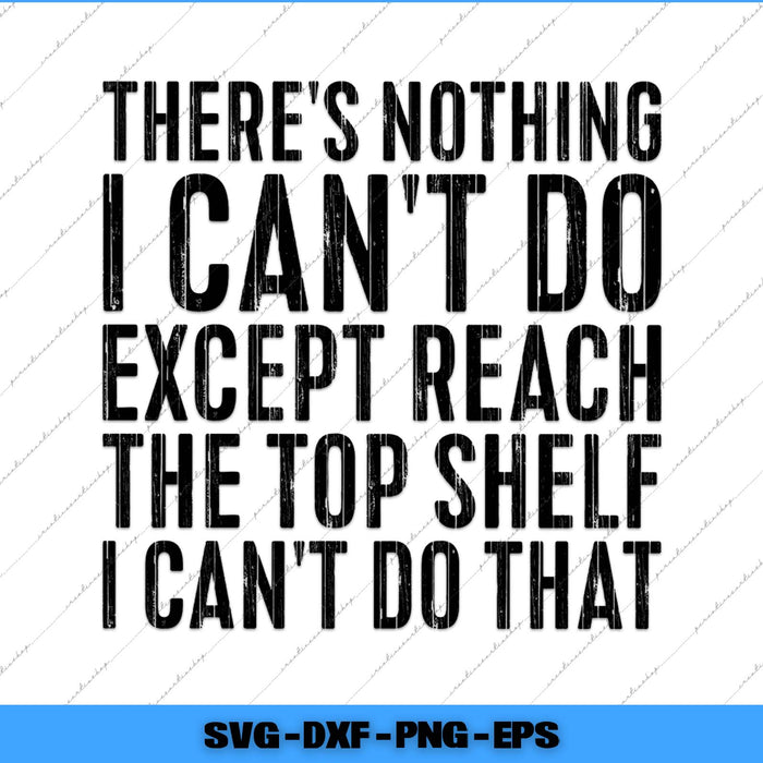 Motivational quote 'There's nothing I can't do except reach the top shelf I can't do that' on a white background.