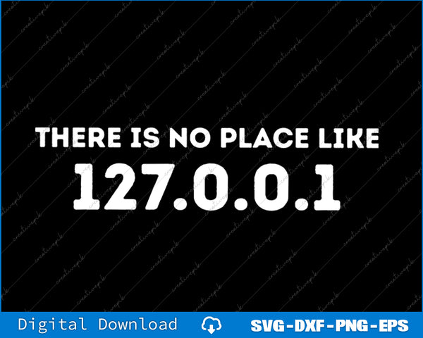 Text 'THERE IS NO PLACE LIKE 127.0.0.1' on a black background with digital download options at the bottom.