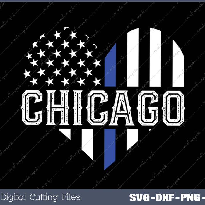 Thin Blue Line Heart Chicago Police Officer Patriotic Cops SVG PNG Cutting Printable Files