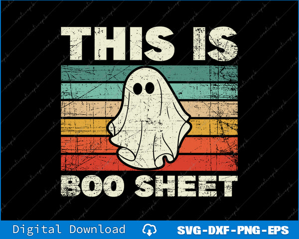 Vintage-style graphic with a ghost and text 'THIS IS BOO SHEET' on a colorful striped background.