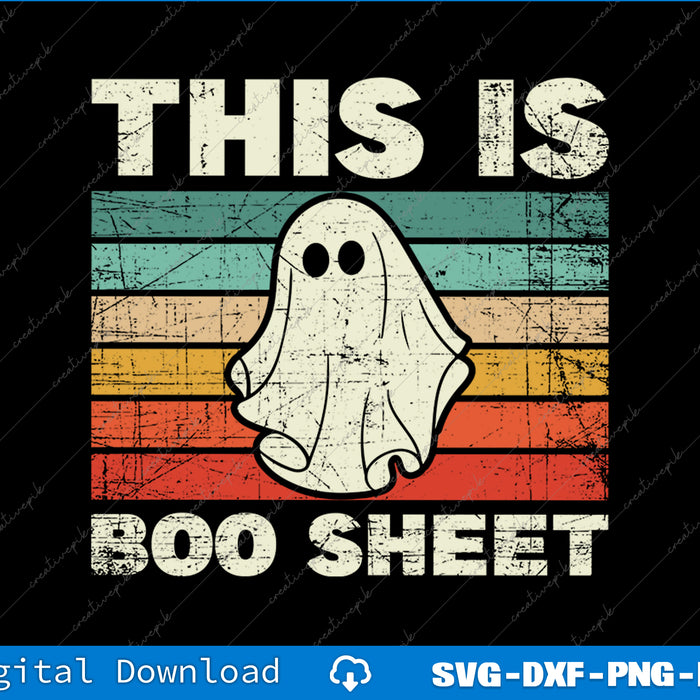 Vintage-style graphic with a ghost and text 'THIS IS BOO SHEET' on a colorful striped background.