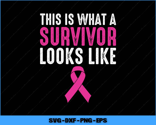 Pink breast cancer awareness ribbon with text 'This is what a survivor looks like' on a black background.