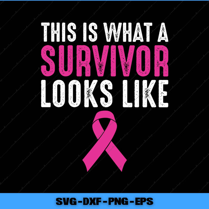 Pink breast cancer awareness ribbon with text 'This is what a survivor looks like' on a black background.