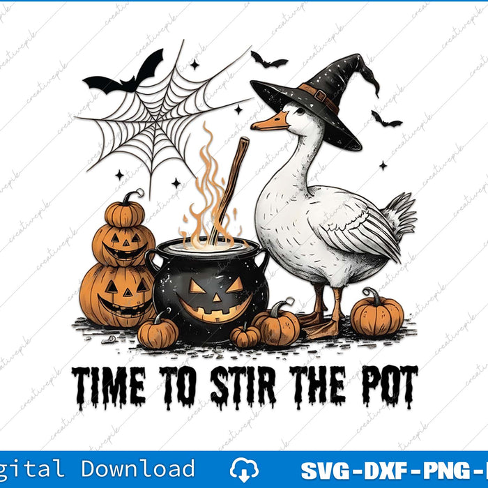 Halloween-themed design with a duck in a witch hat, pumpkins, and a cauldron with text 'Time to Stir the Pot'.