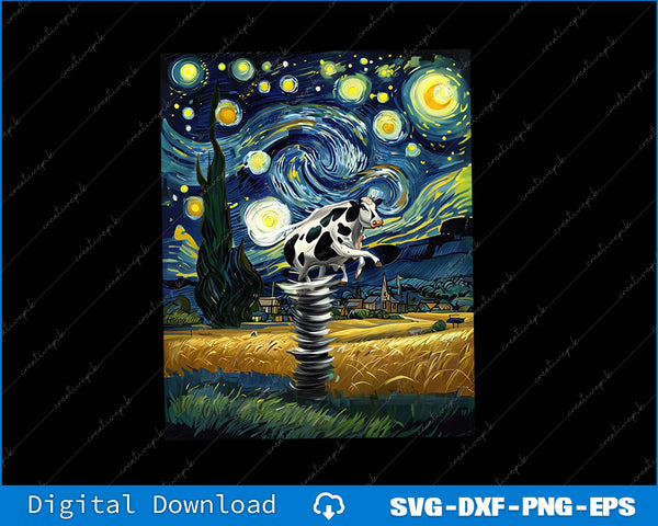Stylized cow in a field with a starry night sky, inspired by Van Gogh's 'Starry Night'.