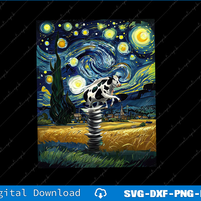 Stylized cow in a field with a starry night sky, inspired by Van Gogh's 'Starry Night'.