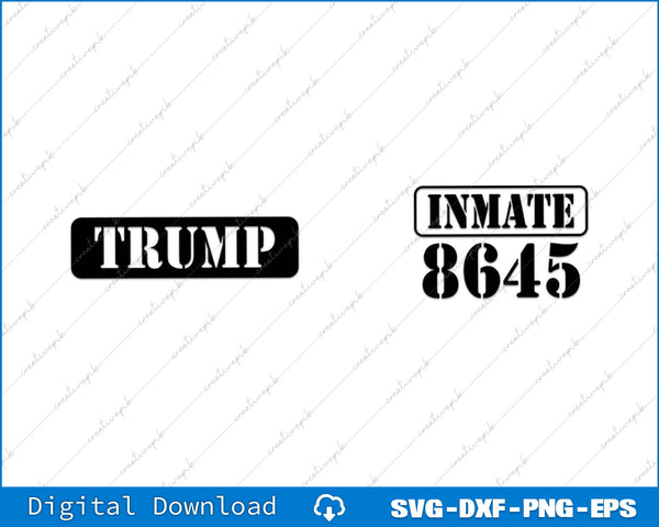 Two black text labels, 'TRUMP' and 'INMATE 8645', on a white background with a blue banner at the bottom.