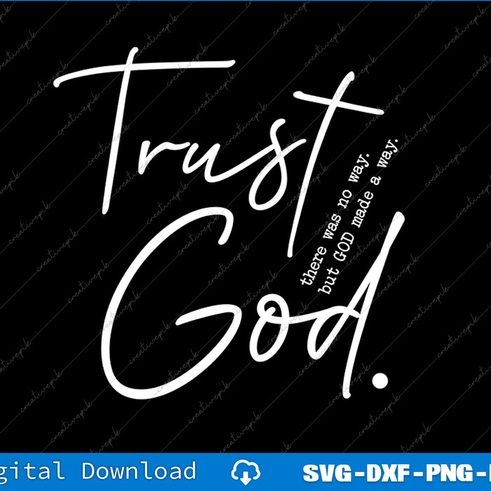 White text 'Trust God' on a black background with blue border and text at the bottom.