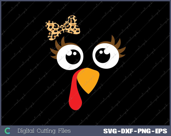 Turkey Face Girl Leopard Bow Thanksgiving Costume Turkey SVG PNG Cutting Printable Files