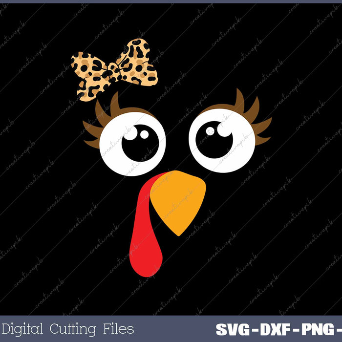 Turkey Face Girl Leopard Bow Thanksgiving Costume Turkey SVG PNG Cutting Printable Files